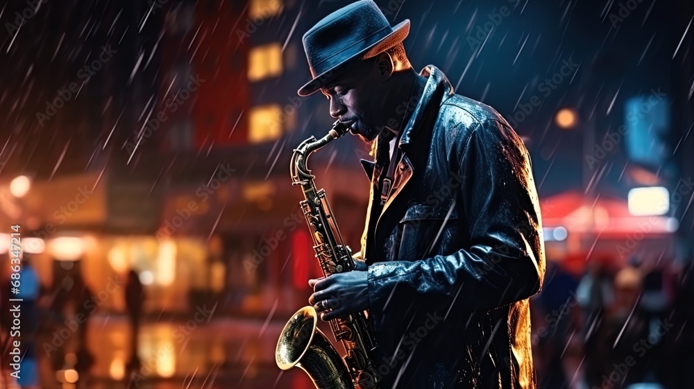 City jazz street musician playing a jazz instrument