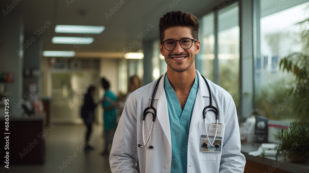 Doctor latino con pacientes en hospital publico sonrientes y con actitud de trabajo - obrazy, fototapety, plakaty 
