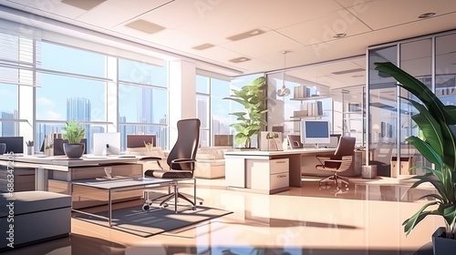 Modern office office interior with modern furniture and appliances