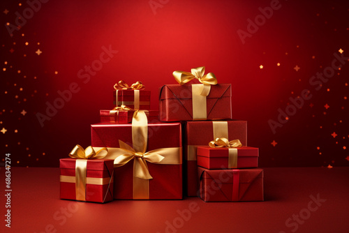 red background and christmas gifts with ornament balls © Ademilson