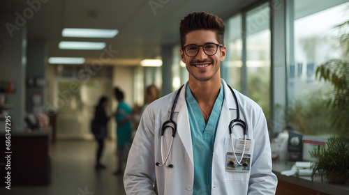 Doctor latino con pacientes en hospital publico sonrientes y con actitud de trabajo photo