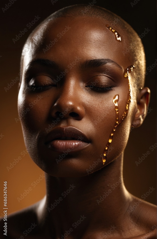 A Beautiful African American Woman With A Shaved Head Dripping Honey