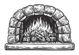Oven for cooking and baking. Burning wood, firewood in a stone fireplace. Vector illustration