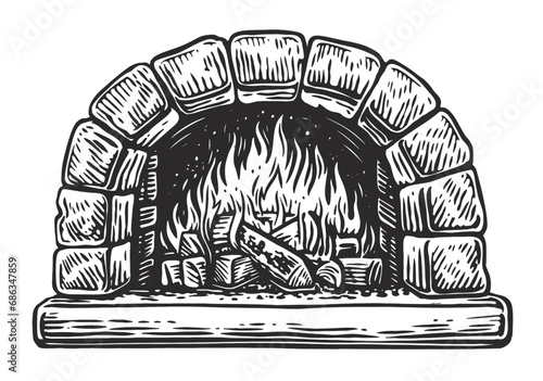 Oven for cooking and baking. Burning wood, firewood in a stone fireplace. Vector illustration photo
