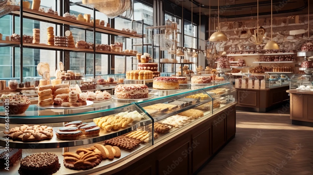 Modern bakery, interior with delicious and fresh products from the baker