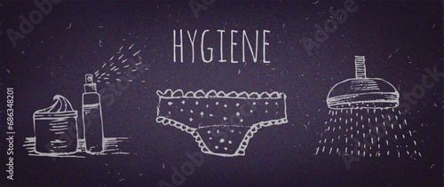 Hygiene. Hand drawn vector illustration on chalkboard background. Bath accessories. Vector illustration. Eps 10