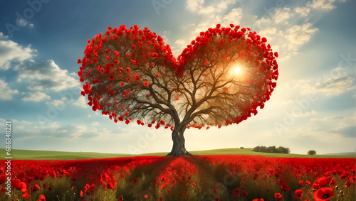 Heart-shaped tree, flowers, beautiful landscape