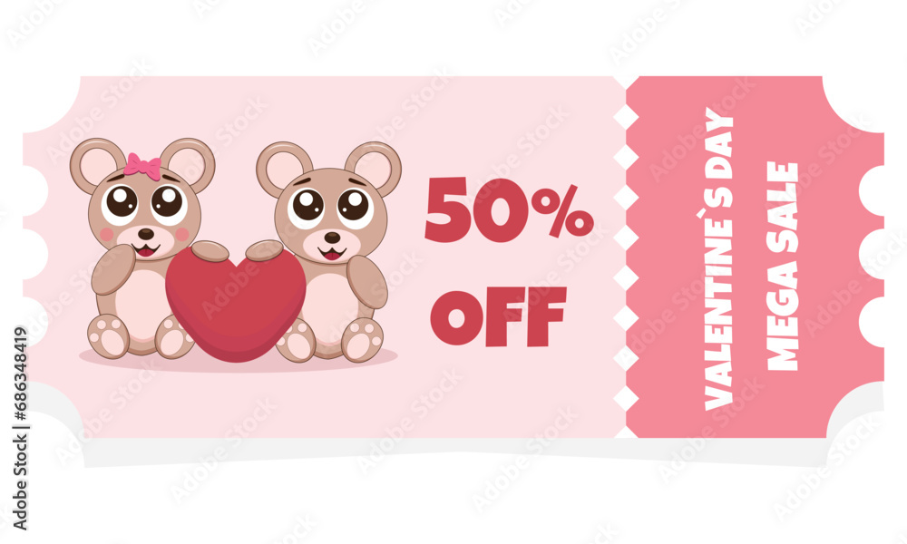 Obraz premium Funny invitation card with cartoon bears. Discount coupon for Valentine's Day
