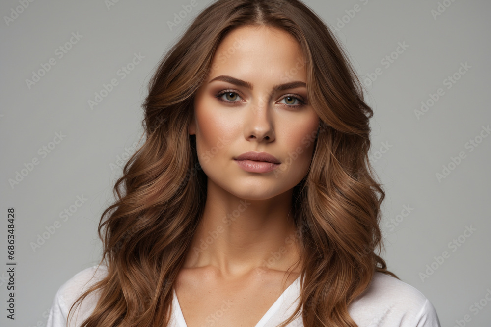 Fototapeta premium A Beautiful Woman with Brown Hair On A Light Gray Background