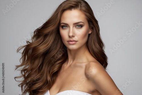 A Beautiful Woman with Brown Hair On A Light Gray Background