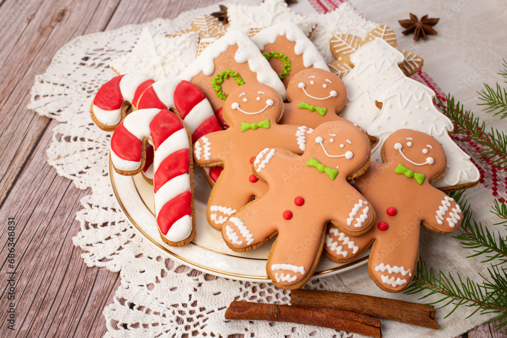 Christmas bake tools on flour and rustic wooden background, flat lay.Copy space Christmas bake tools on flour and rustic wooden background, flat lay.Copy space