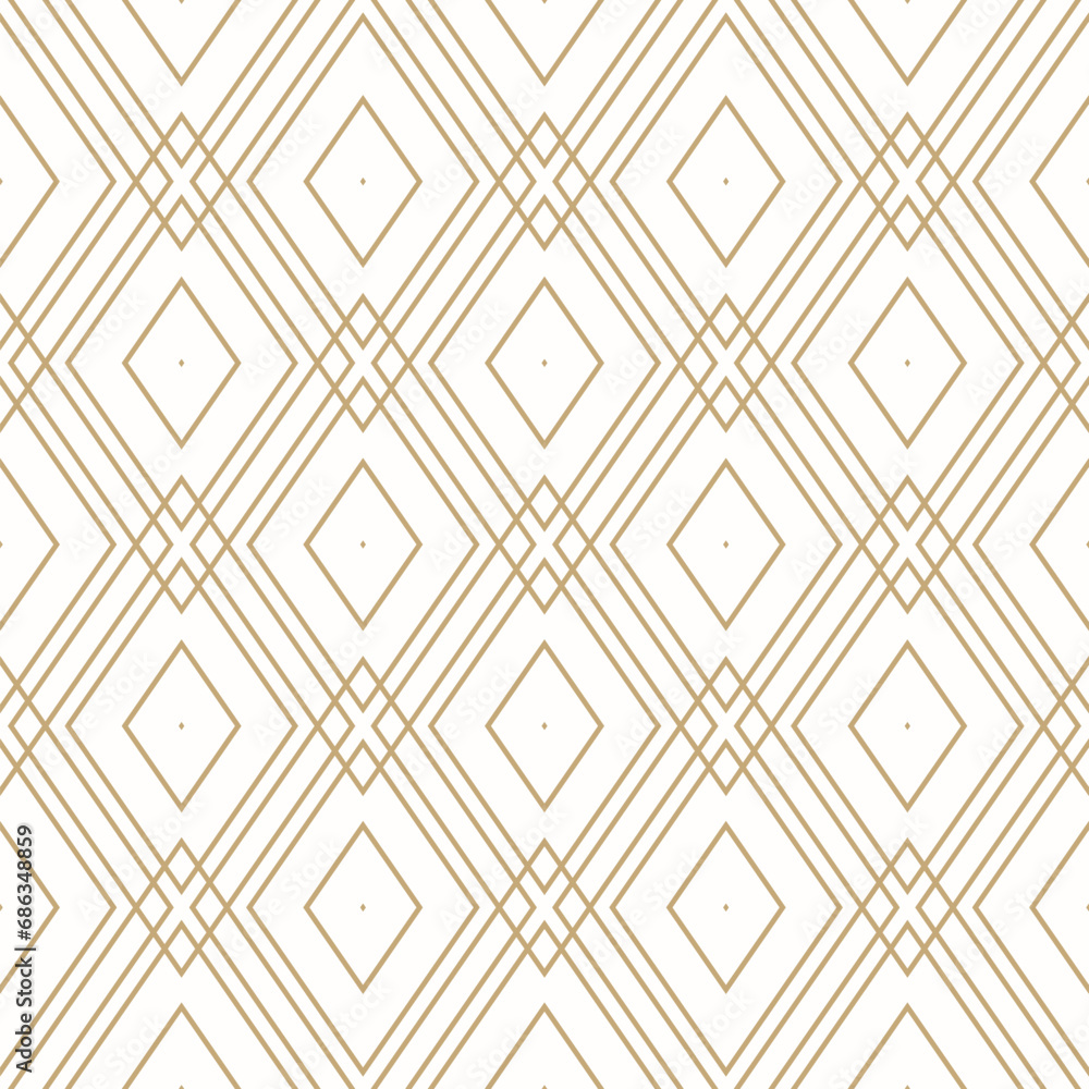 Seamless geometric pattern with golden lines forming diamond grid on white background. Simple luxury golden vector design. Linear abstract background texture. Repeated design for decor, print, cover Seamless geometric pattern with golden lines forming diamond grid on white background. Simple luxury golden vector design. Linear abstract background texture. Repeated design for decor, print, cover