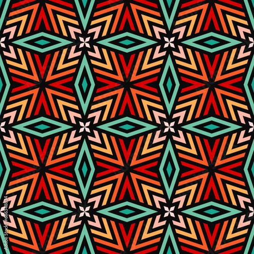 Colorful retro vector geometric seamless pattern with abstract lines, stripes, unique ornaments inspired by 1970s. Perfect vintage background for textiles, wallpapers, prints. Trendy repeat geo design