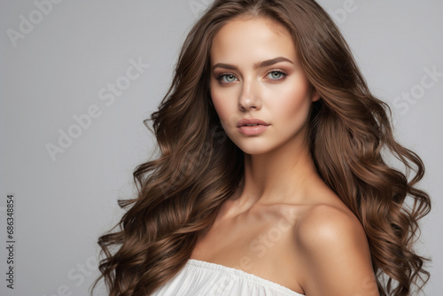 A Beautiful Young Woman with Brown Hair On A Light Gray Background