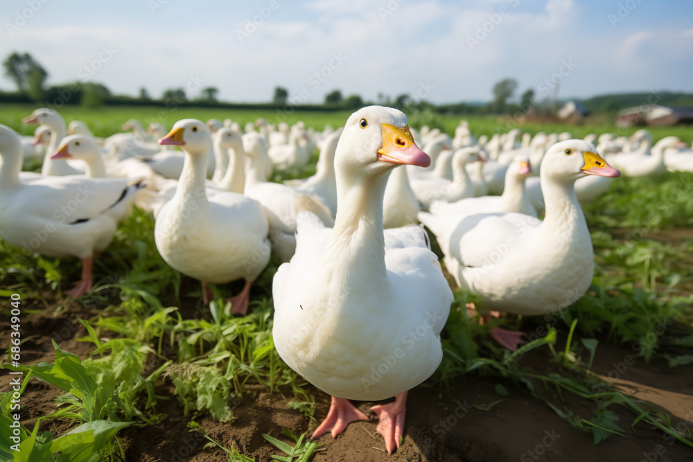 Obraz premium A flock of white ducks standing in a field