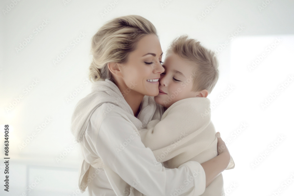 portrait of beautiful mother kissing a son with copy space. mother's day concept portrait of beautiful mother kissing a son with copy space. mother's day concept