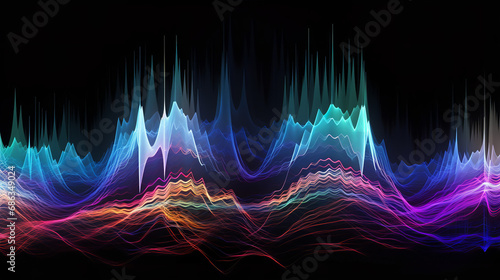 A digital representation of sound waves transformed into visual art, vibrant waves of color and light, conveying the essence of music without depicting any musical instruments