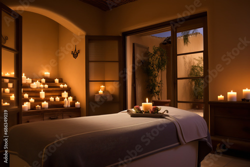 A cozy massage room with a massage bed and dim lights