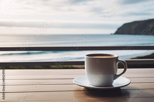 A product photography quality close-up image of a coffee cup on a table near a window overlooking the sea