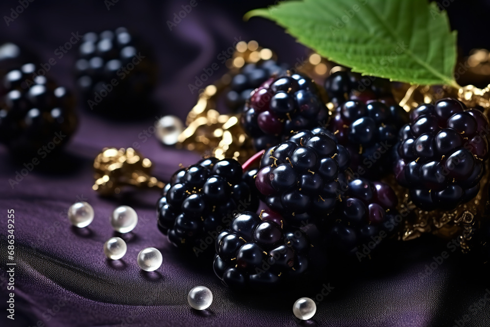 Dark luxurious clean background, in the spotlight black currant fruit, decorated with gold ornaments Dark luxurious clean background, in the spotlight black currant fruit, decorated with gold ornaments