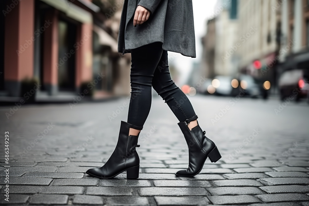 Fashionable female legs with stylish boots on a gray city street - obrazy, fototapety, plakaty 