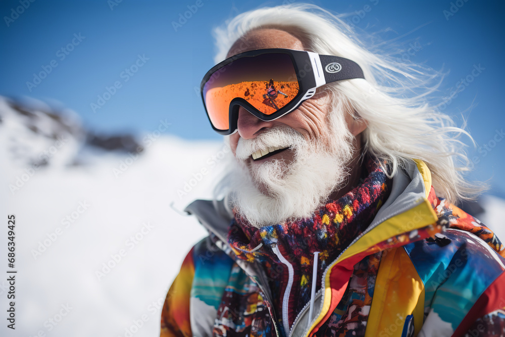 Medium shot portrait photography of a a man in his 80s that is wearing colorful ski suit Medium shot portrait photography of a a man in his 80s that is wearing colorful ski suit