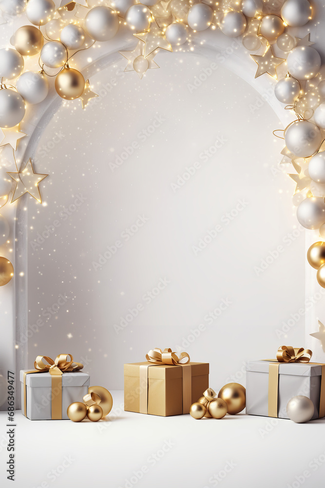 Minimal christmas wreath and gifts backdrop, stars, Christmas decorations, angels, balls , studio lighting, clean light background