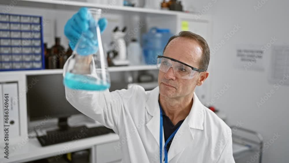 Handsome middle-aged man, a devoted scientist, meticulously measuring liquid in a test tube at his professional lab, epitome of safety and concentration Handsome middle-aged man, a devoted scientist, meticulously measuring liquid in a test tube at his professional lab, epitome of safety and concentration