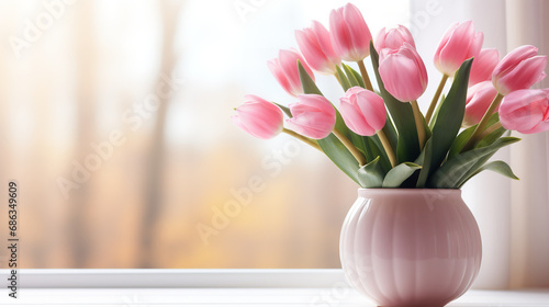 Pink tulips in a white vase on a window sill,