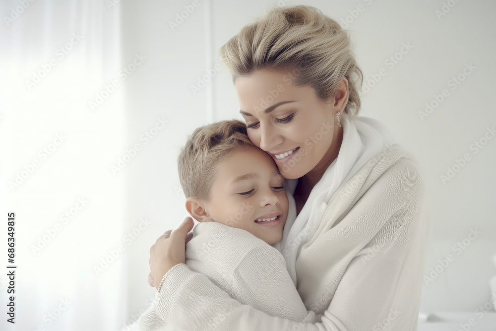 portrait of beautiful mother kissing a son with copy space. mother's day concept portrait of beautiful mother kissing a son with copy space. mother's day concept