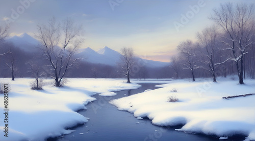 Winter landscape with trees on the river bank and mountains in the distance during sunset