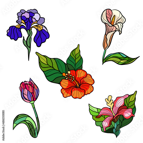 Stained glass flowers set. Vector illustration 