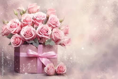 Valentines day gift box and roses bouquet, rendered in impressionism style, copy space , generative ai