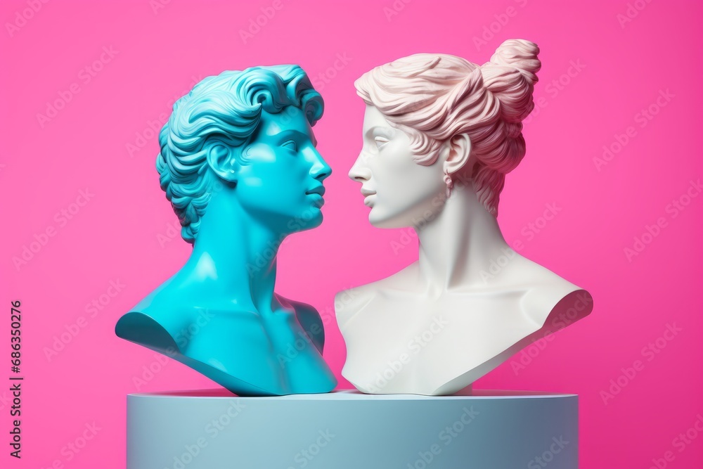 Male and female busts in shape of Greek marble sculptures facing each other closely and looking at each other. Minimal concept of love, sensuality and intimacy. Pink and blue pastel colors. - obrazy, fototapety, plakaty 