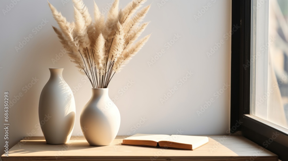 Vase with pampas grass and book on wooden table near window