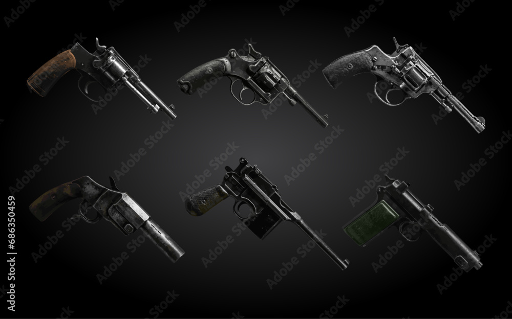 Vintage guns. Old pistols and revolvers set. Retro classic handguns illustration. - obrazy, fototapety, plakaty 
