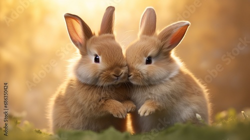 A pair of affectionate bunnies grooming each other, showcasing tenderness and camaraderie.