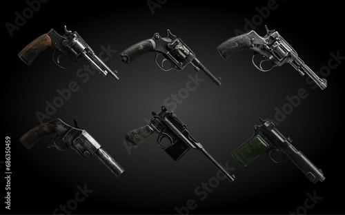 Vintage guns. Old pistols and revolvers set. Retro classic handguns illustration.