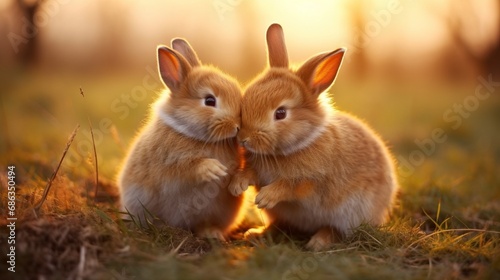 A pair of affectionate bunnies grooming each other, showcasing tenderness and camaraderie.