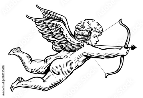 Hand drawn flying angel with bow and arrow isolated on white background. Sketch vintage illustration