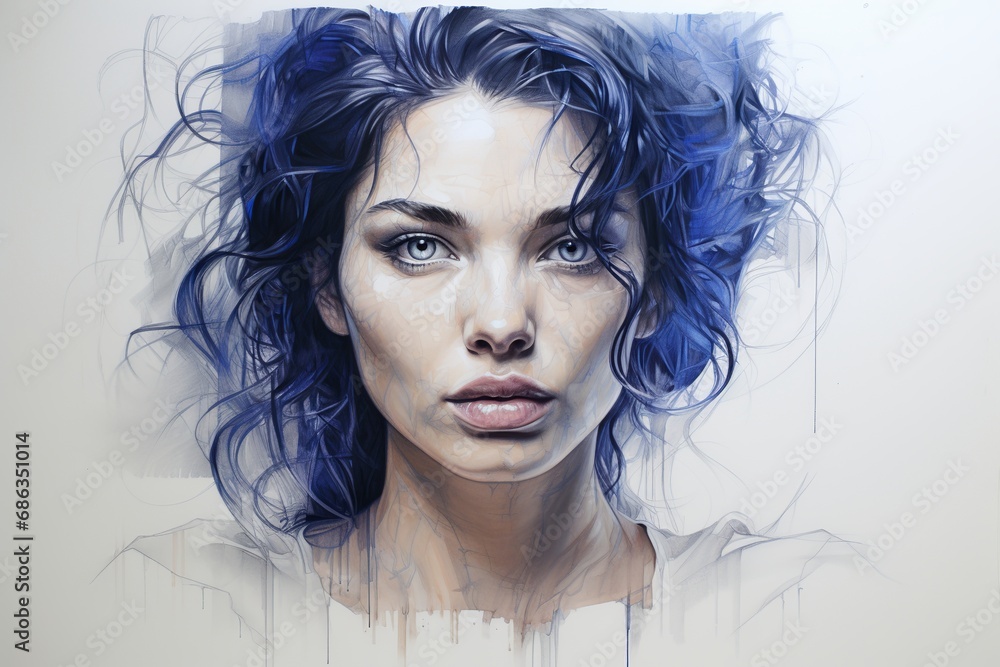 Woman Sketching with Ballpoint Pen. Detailed Portrait Woman Sketching with Ballpoint Pen. Detailed Portrait