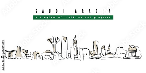 Hand drawn line art vector of skyline of saudi arabia. The saudi Kingdom postcard