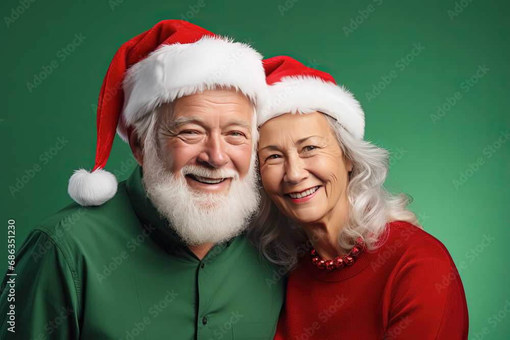pareja de hombre y mujer mayores llevando gorro de papá noel, sobre fondo verde pareja de hombre y mujer mayores llevando gorro de papá noel, sobre fondo verde
