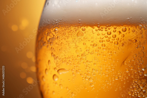 Water drops on glass of beer. Close up beer background. Generative AI