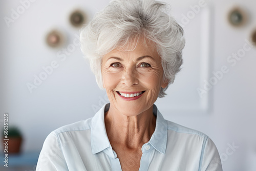 retrato de  una mujer madura  con pelo blanco corto sonriente sobre fondo de pared blanca decorada del salon de una casa photo