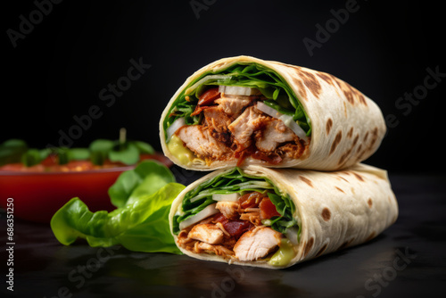 Tasty wrap with grilled chicken meat, sauce and fresh parsley. Grilled tortilla wrap. Generative AI photo