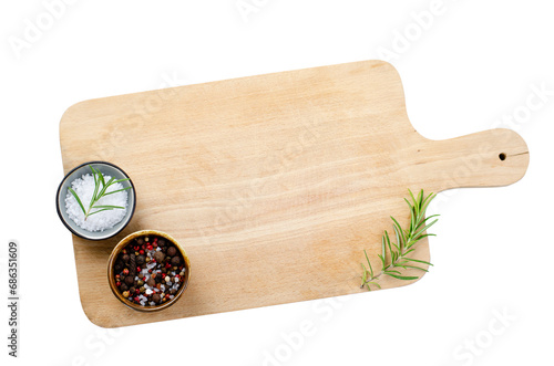 Empty Wooden Board, Salt and Pepper on White Background, Top View