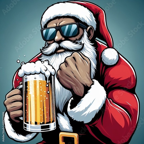 Un Santa Claus fuerte bebiendo cerveza