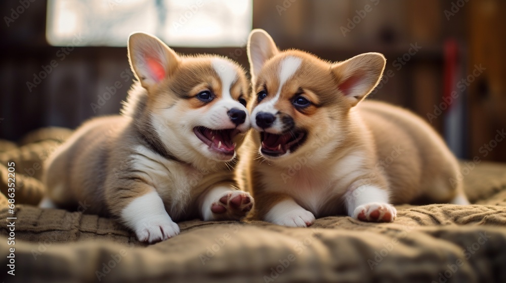 A pair of energetic corgi puppies engaged in a playful wrestling match on a soft rug.