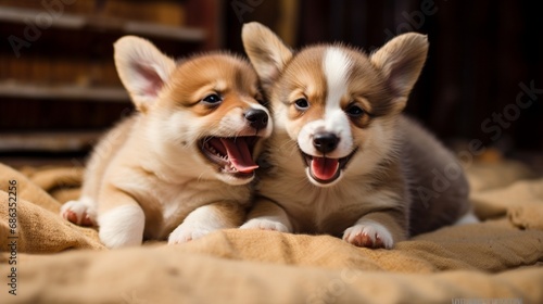 A pair of energetic corgi puppies engaged in a playful wrestling match on a soft rug.